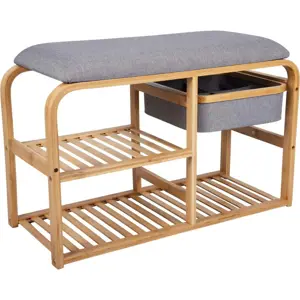 Bambusový botník s šedým polstrováním Leitmotiv Bench, šířka 70 cm