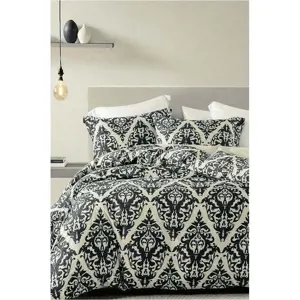 Černo-béžové 4dílné prodloužené povlečení na dvoulůžko s prostěradlem z bavlny Renforcé 200x220 cm Damask – Mila Home