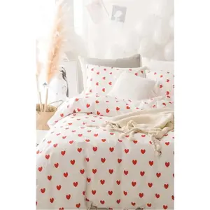 Krémové 4dílné prodloužené povlečení na dvoulůžko z bavlny Renforcé s prostěradlem 200x220 cm Mini Hearts – Mila Home