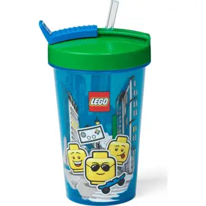 Modrý kelímek se zeleným víčkem a brčkem LEGO® Iconic, 500 ml