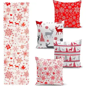 Sada 4 vánočních povlaků na polštář a běhounu na stůl Minimalist Cushion Covers Red Snowflake