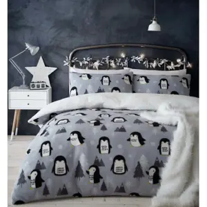 Šedé fleecové povlečení 200x135 cm Cosy Penguin - Catherine Lansfield