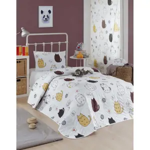 Set přehozu přes postel a povlaku na polštář s příměsí bavlny Eponj Home Hello Cats White, 160 x 220 cm