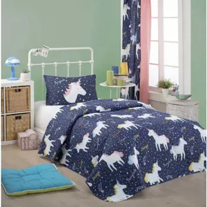 Produkt Set přehozu přes postel a povlaku na polštář s příměsí bavlny Eponj Home Magic Unicorn Dark Blue, 160 x 220 cm