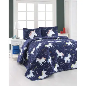 Set prošívaného přehozu a 2 povlaků na polštáře Eponj Home Magic Unicorn Dark Blue, 200 x 220 cm