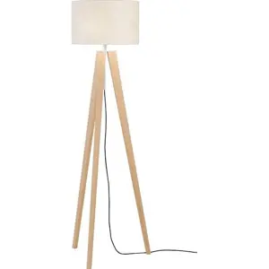 Stojací lampa v béžové a přírodní barvě s textilním stínidlem (výška 140 cm) Shine-wood – Fischer & Honsel